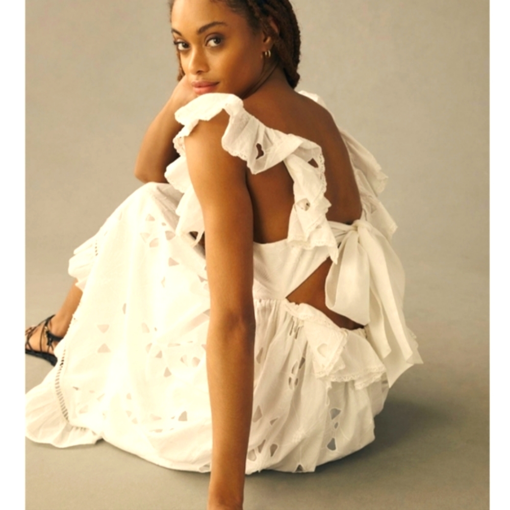 Anthropologie ForeverThat Girl midi Tie-Back Ruffled Eyelet Dress sleeveless L